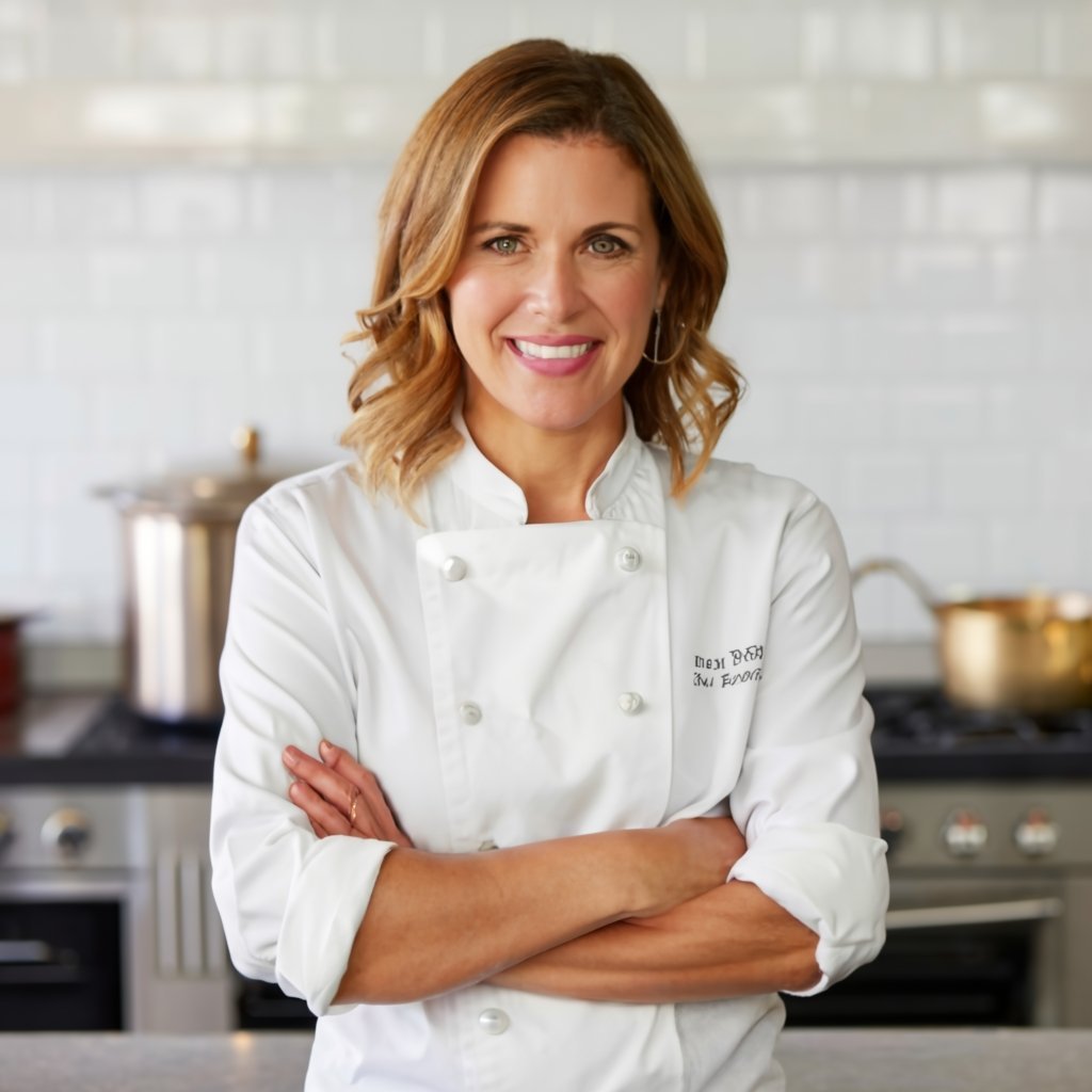 Photo of Anne with a big smile, an american chef, taken in her kitchen