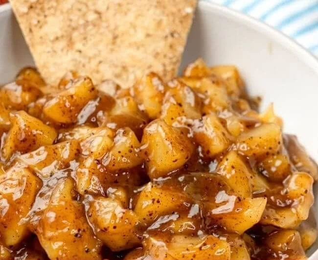 Delicious apple pie dip served with cinnamon sugar chips for dipping.