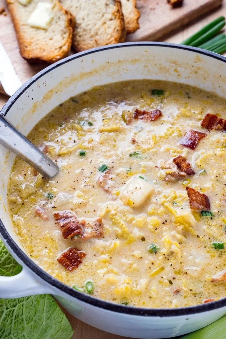 Bowl of Colcannon Soup with Bacon, garnished with green onions and herbs.