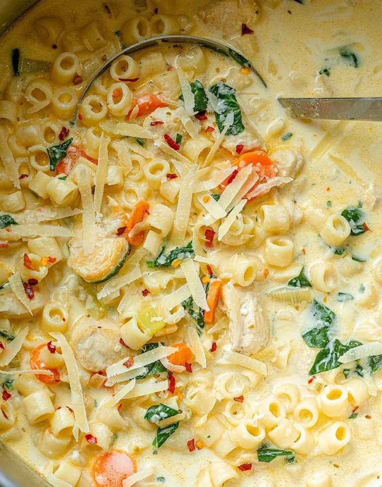 Creamy chicken pasta soup with carrots and spinach in a bowl.