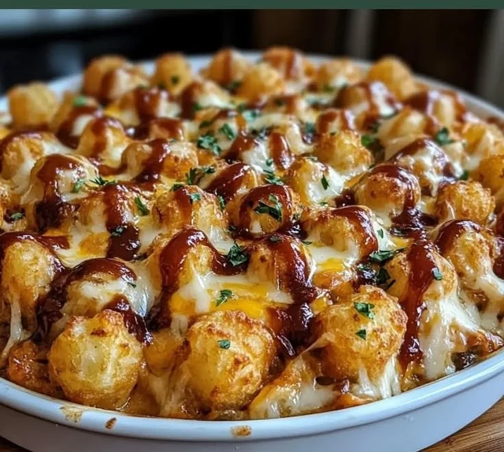 Delicious BBQ Chicken Tater Tot Casserole topped with melted cheese and crispy tots