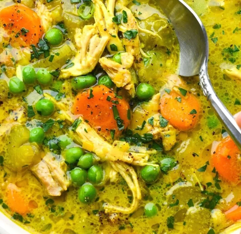 Bowl of healing turmeric chicken soup with herbs and spices