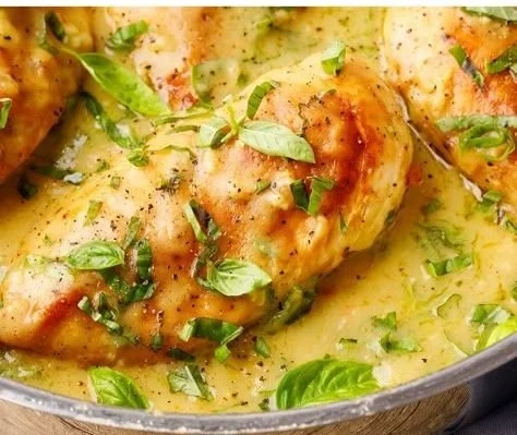 Delicious Lemon Basil Chicken dish garnished with fresh herbs and lemon slices.
