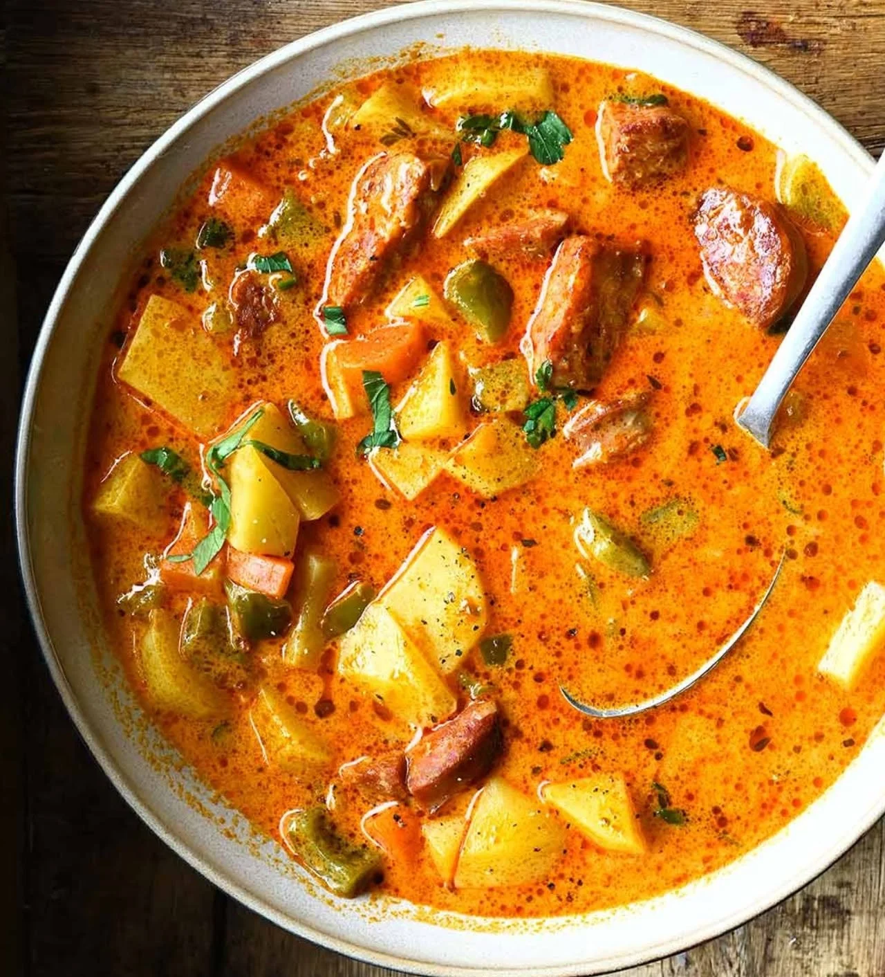 Delicious Spanish-style potato soup with chorizo in a bowl