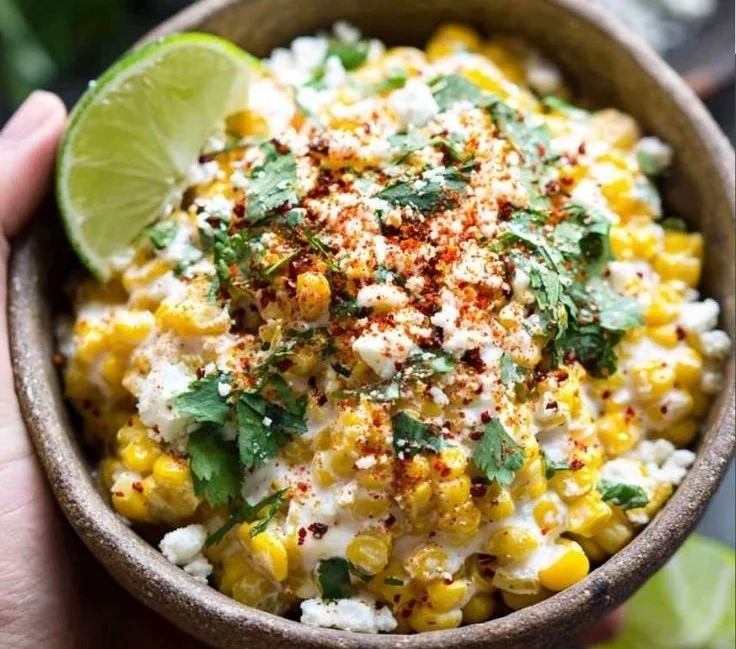 Spicy Mexican Street Corn with cheese and chili powder on a wooden table