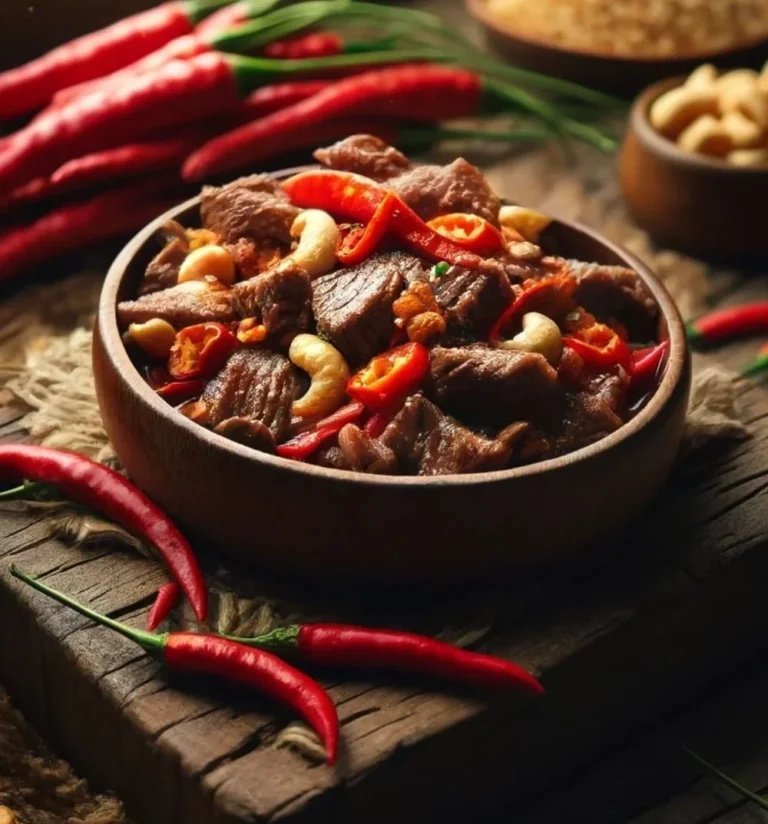 A bowl of Thai Beef Chili garnished with cashews, showcasing a colorful array of spices.