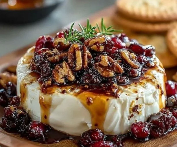 Delicious Baked Brie served with fruit and nuts
