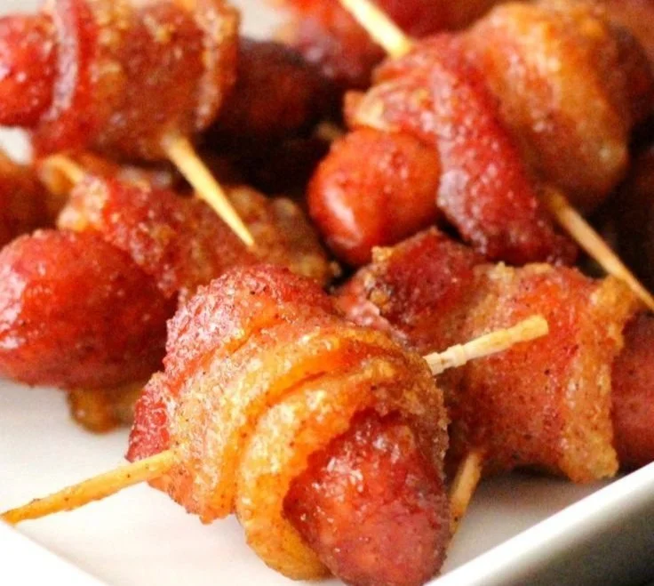 Delicious brown sugar bacon-wrapped smokies ready to serve as party appetizers