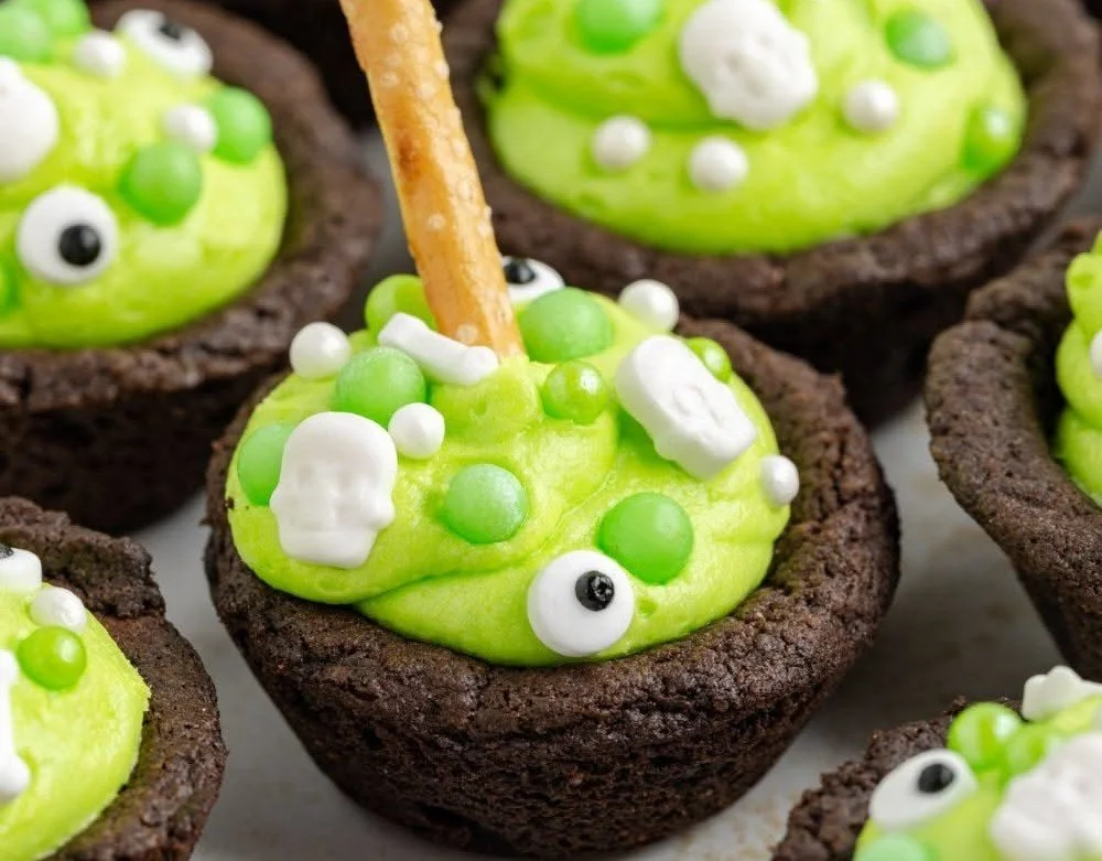 Colorful Cauldron Cookies made with chocolate cake mix displayed for Halloween