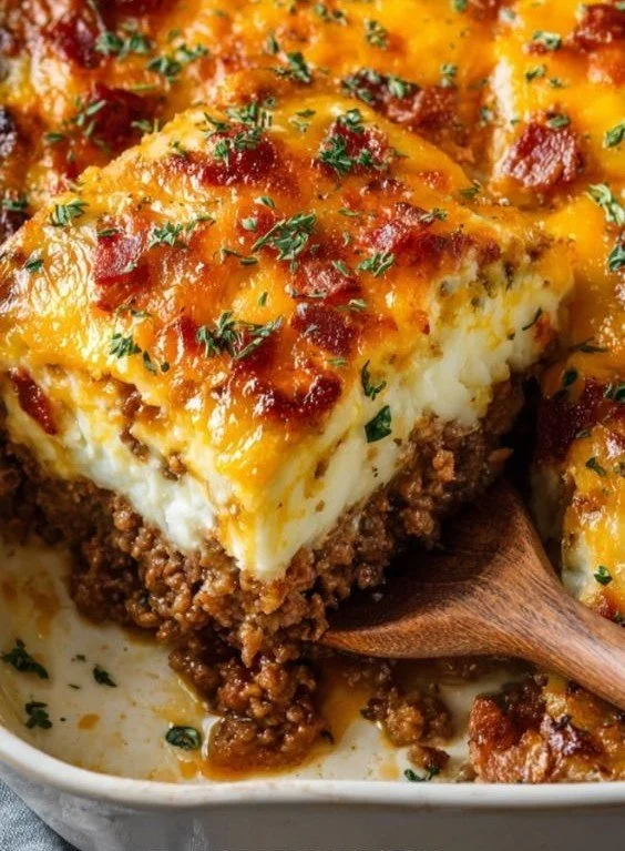 Cheesy meatloaf with mashed potatoes on a plate, garnished with parsley.