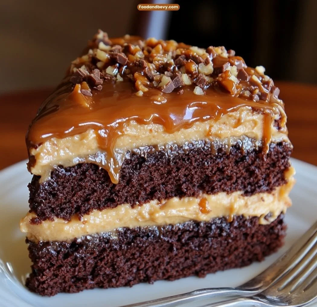Decadent chocolate cake with caramel, toffee, and crunchy topping