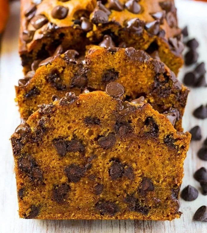Delicious chocolate chip pumpkin bread with warm spices and melting chocolate chips
