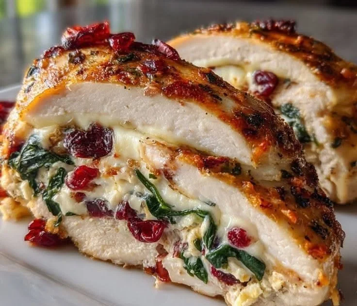 Creamy Brie Cranberry Spinach Stuffed Chicken Breasts on a plate