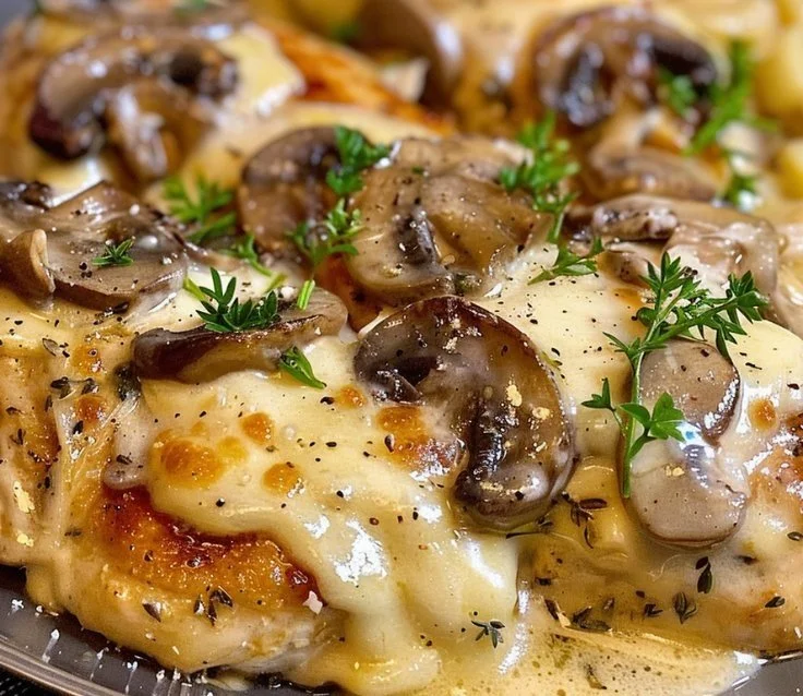 Creamy chicken and mushroom pasta dish served in a bowl