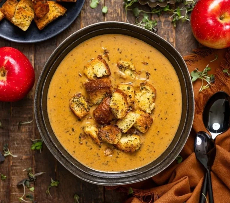 Delicious creamy roasted apple pumpkin soup in a bowl garnished with herbs
