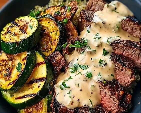 Grilled steak bowl topped with creamy sauce and grilled zucchini