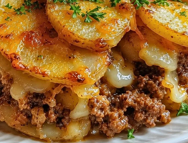Healthy beef potato bake with fresh ingredients served in a baking dish