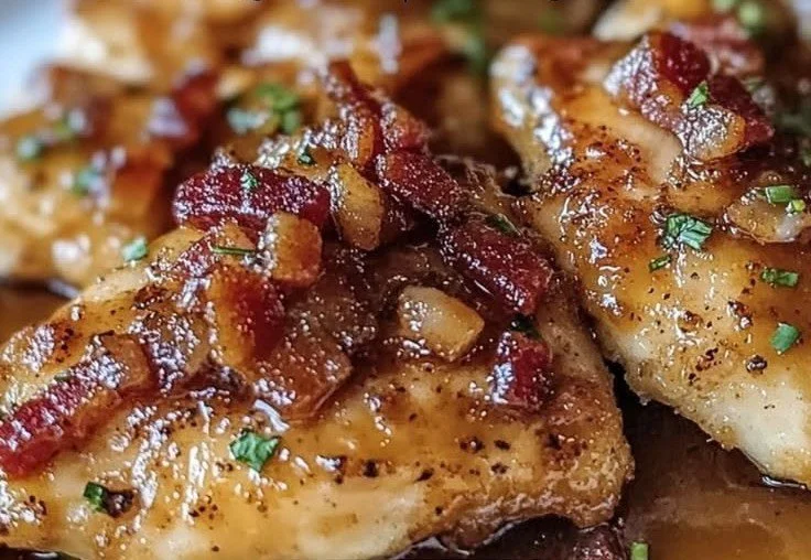 Delicious Maple Garlic Bacon Chicken served on a plate, garnished with herbs.