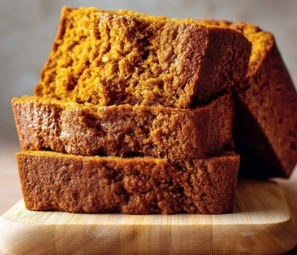 Slice of moist pumpkin bread on a wooden table