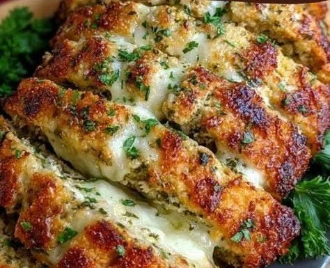Delicious Parmesan Chicken Meatloaf garnished with herbs on a plate.