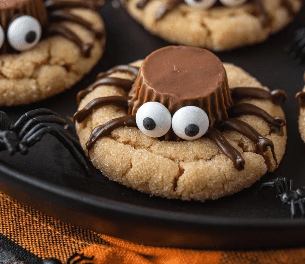 Peanut Butter Spider Cookies decorated for Halloween with chocolate and candy eyes