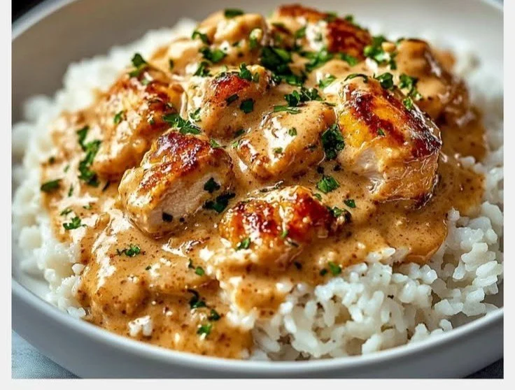 Delicious smothered chicken served over fluffy rice with creamy gravy
