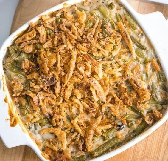 Stovetop green bean casserole with a festive holiday presentation