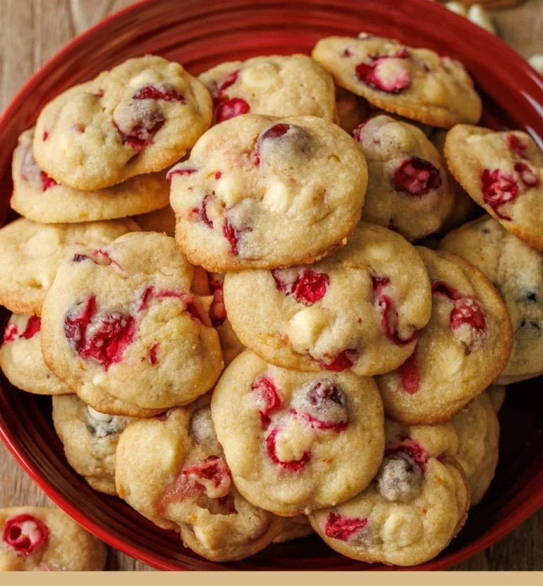 Plate of freshly baked white chocolate cranberry cookies on a rustic table