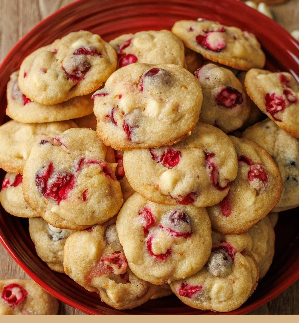 Plate of freshly baked white chocolate cranberry cookies on a rustic table